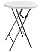Runt fällbart bord med vit plastskiva och svarta metallben. Lätt, portabel och passar både inomhus och utomhus. Enkel att förvara.