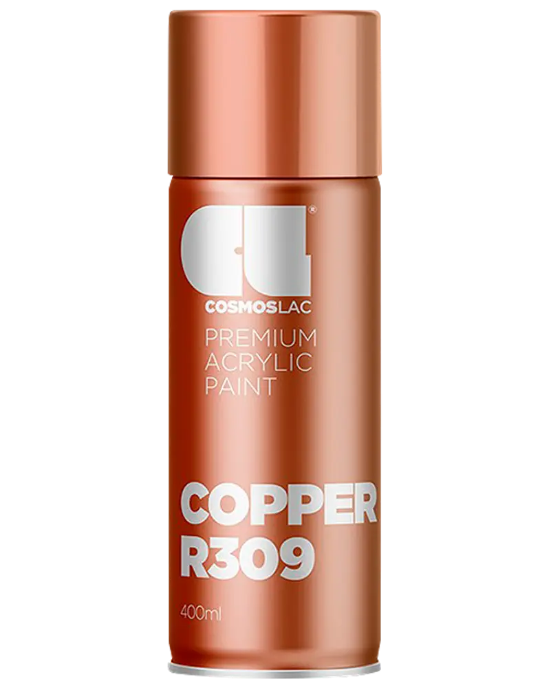 400 ml spraydåse med Cosmoslac premium akrylmaling i metallisk kobberfarve, mærket Copper R309. Slankt, cylindrisk design med kobberfarvet låg og krop.