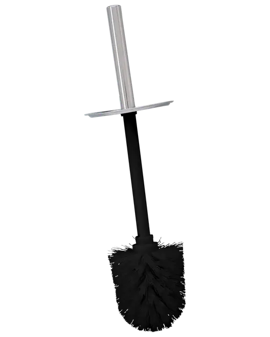 Toiletbørste med sort børstehoved og slankt, sølvfarvet metalhåndtag. Har stænkskærm ved håndtaget for hygiejnisk rengøring og moderne udseende.