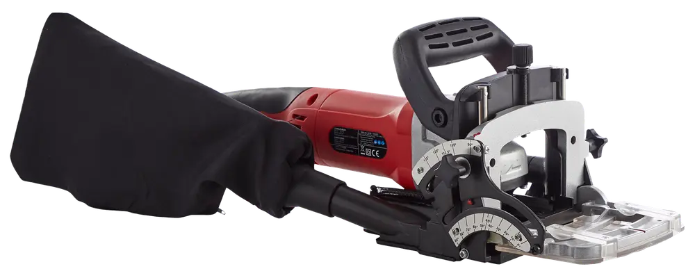 Elektrisk lamelfræser med ergonomisk håndtag, justerbar vinkelguide, støvpose og robust metalbund. Ideel til præcis samling af træ i snedkerarbejde.