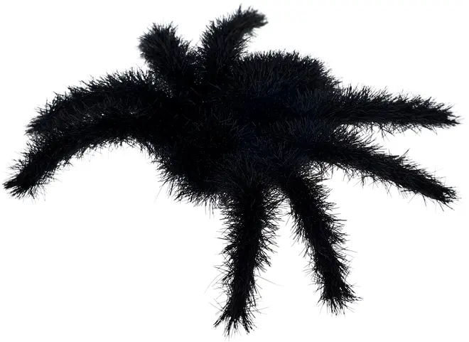 Stor svart, luddig spindeldekoration med åtta böjbara ben av syntetmaterial. Perfekt för Halloween eller temafester. Realistisk, hårig yta.