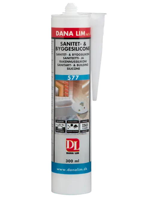 Dana Lim 577 sanitets- og byggesilikone patron, 300 ml, hvid fugemasse til badeværelse og byggeri.