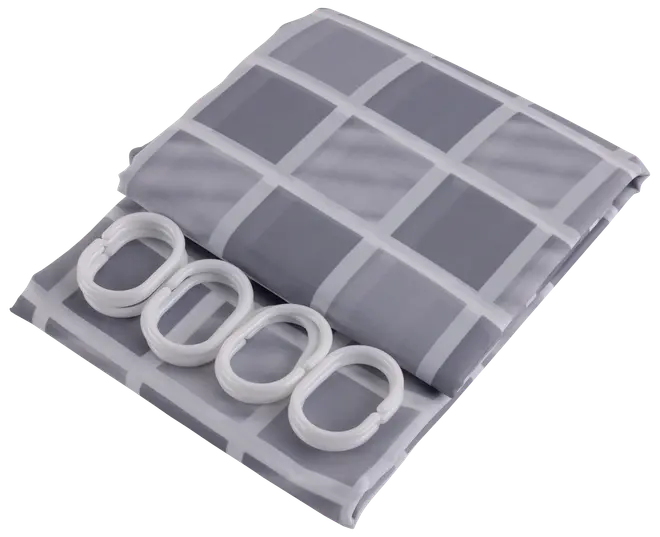 Grå og hvid ternet badeforhæng med fire hvide plastikhængeringe. Vandtæt materiale, moderne geometrisk design, ideel til badeværelset.