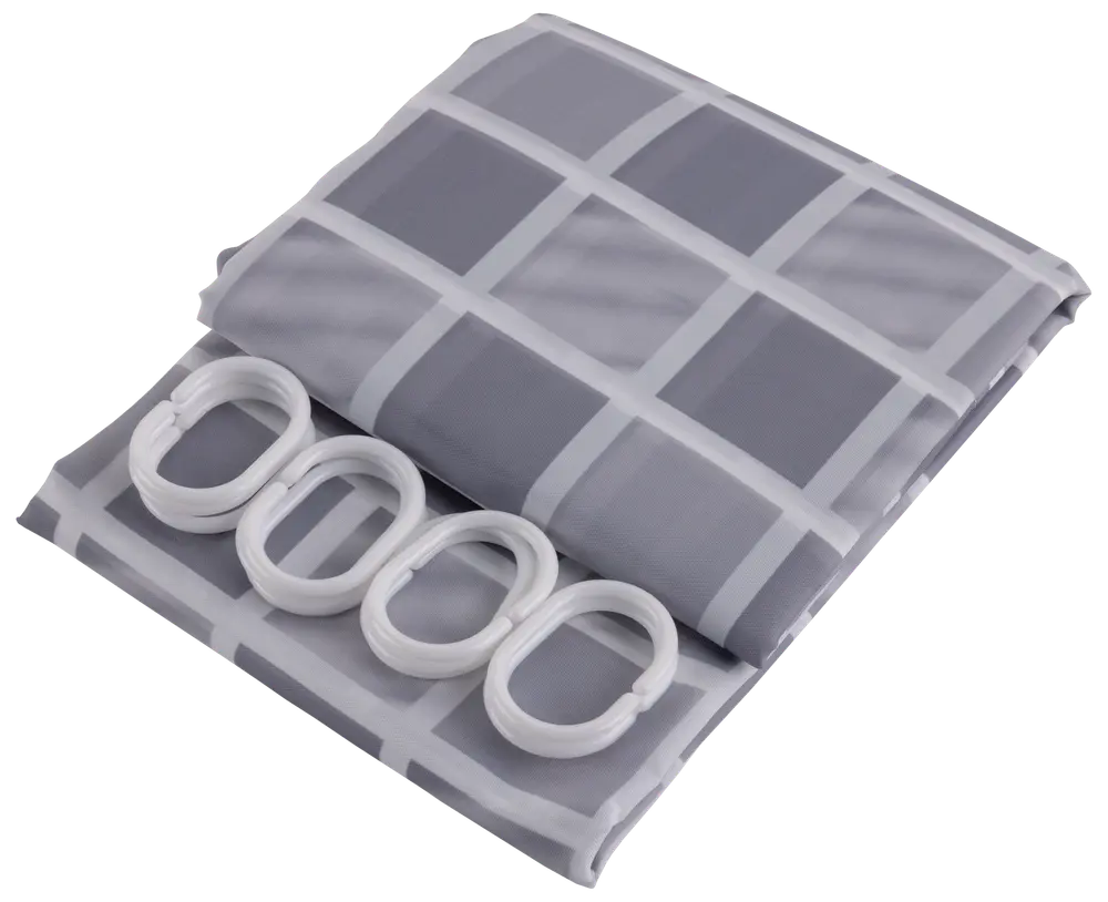 Grå och vit rutmönstrad duschdraperi med fyra vita plastringar. Vattentätt material, modern geometrisk design, passar till badrum.