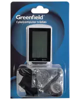 Trådlös cykeldator från Greenfield i förpackning, med digital display, monteringsdelar och batteri. Displayen har 'SET' och 'MODE' knappar. För cykeldataregistrering.