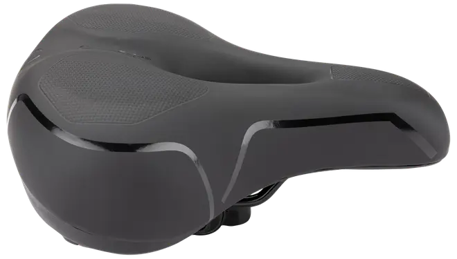 Sort ergonomisk cykelsadel med bred polstret bagende, smal næse og tekstureret top for komfort.