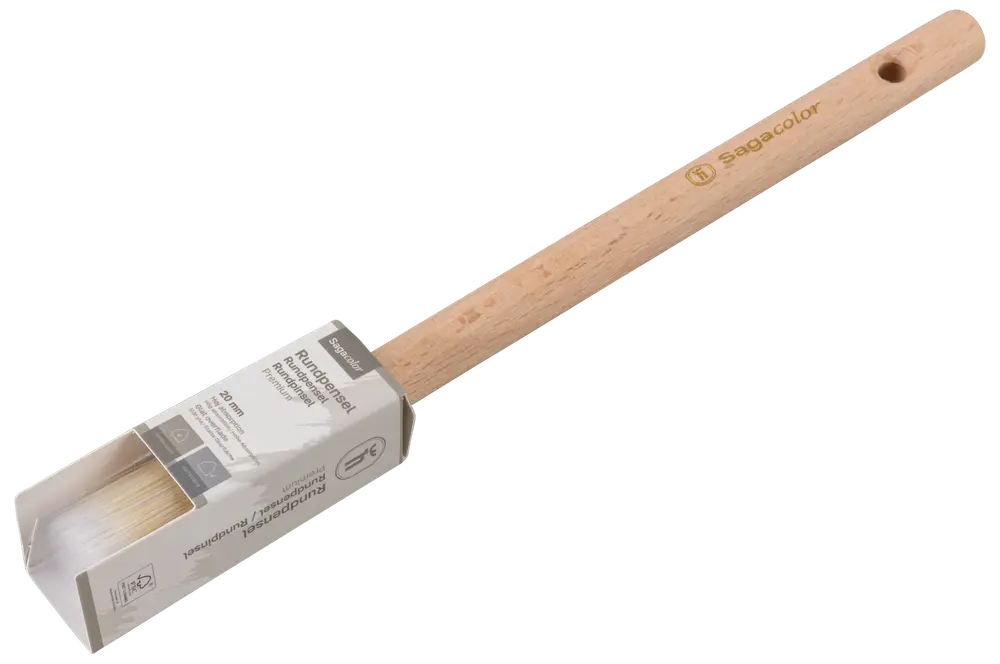 Flad pensel med lyst træskaft, syntetiske børster og ophængshul. Velegnet til maling eller lakering. Leveres med papomslag omkring børsterne.