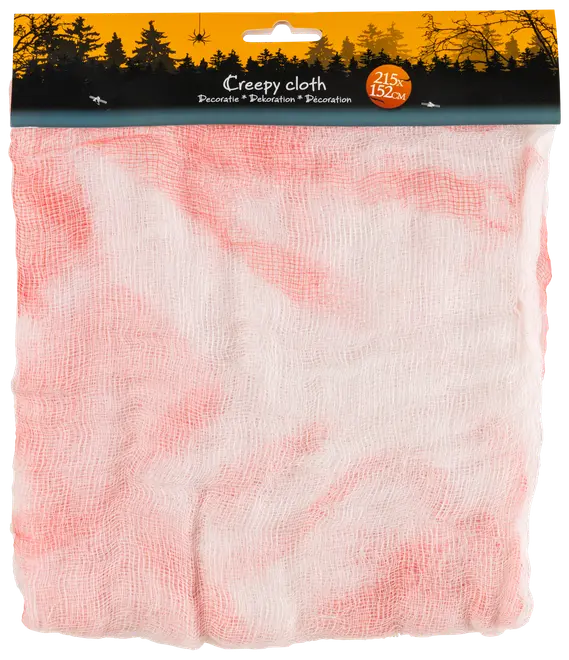 Vitt och rött gasvävsliknande tyg, 215 x 152 cm, perfekt för Halloween-dekoration. Lätt, genomskinligt material med sliten, kuslig effekt.