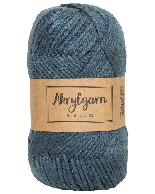 Mørkeblåt akrylgarnnøgle, 50 gram, 150 meter. Blød tekstur, velegnet til strik eller hækling. Mærket "Akrylgarn" med brun papiretikette og produktinformation.