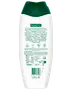 Palmolive duschkräm, 750 ml flaska med grön flip-kork. Baksidesetikett visar produktinformation, ingredienser och användningsinstruktioner. Passar mjuk, återfuktad hud. Vegansk och dermatologiskt testad.