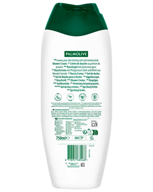 Palmolive duschkräm, 750 ml flaska med grön flip-kork. Baksidesetikett visar produktinformation, ingredienser och användningsinstruktioner. Passar mjuk, återfuktad hud. Vegansk och dermatologiskt testad.