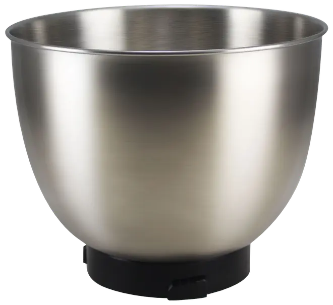 Rostfri blandarskål med borstad yta, rundade sidor och svart plastbas. Perfekt för köksmaskiner, bakning och matlagning. Hållbar och lätt att rengöra.
