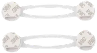 Två vita flexibla barnlås med självhäftande 3M-kuddar, avsedda för att säkra skåp, lådor eller apparater och förhindra att barn når farliga föremål.