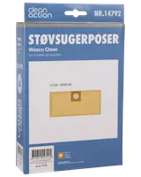 Pakke med 4 Wasco Clean støvsugerposer, model 14792, passer til flere modeller. Papkrave med rundt hul, vist på blå og hvid emballage.