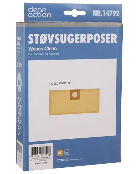 Pakke med 4 Wasco Clean støvsugerposer, model 14792, passer til flere modeller. Papkrave med rundt hul, vist på blå og hvid emballage.