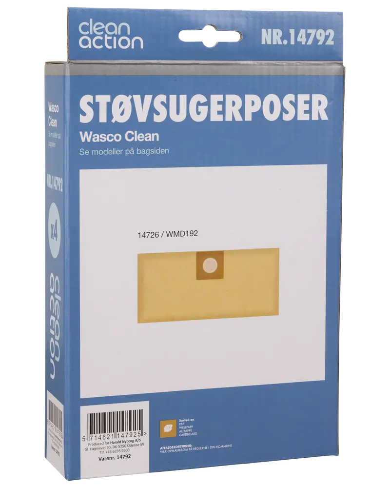 Pakke med 4 Wasco Clean støvsugerposer, model 14792, passer til flere modeller. Papkrave med rundt hul, vist på blå og hvid emballage.