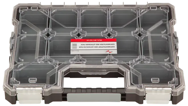 Gennemsigtig plast organizer-boks med flere rum, klart låg og sikre låse. Perfekt til opbevaring af små værktøjer, hardware eller hobbyartikler. Robust og holdbar.