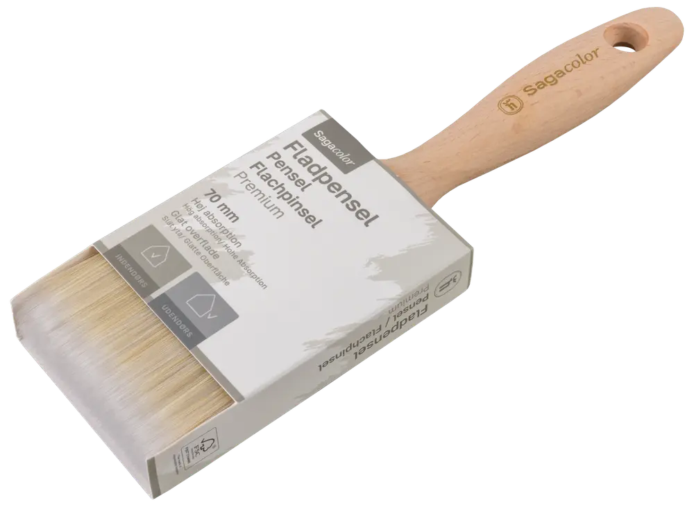 Flad pensel, 70 mm bred, med lyse naturbørster og træskaft. Velegnet til glatte overflader. Leveres med produktinformation på penselhovedet.