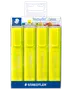 Pakke med fire gule Staedtler Textsurfer classic overstregningstuscher med skrå spids, velegnet til papir, kopier og fax. Hver tus har låg og ergonomisk design.