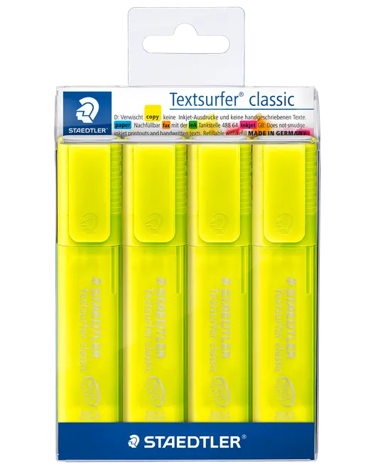 Pakke med fire gule Staedtler Textsurfer classic overstregningstuscher med skrå spids, velegnet til papir, kopier og fax. Hver tus har låg og ergonomisk design.