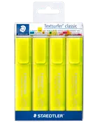 Pakke med fire gule Staedtler Textsurfer classic overstregningstuscher med skrå spids, velegnet til papir, kopier og fax. Hver tus har låg og ergonomisk design.