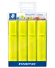 Pakke med fire gule Staedtler Textsurfer classic overstregningstuscher med skrå spids, velegnet til papir, kopier og fax. Hver tus har låg og ergonomisk design.