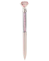Elegant pen featuring a metallic rose gold lower barrel, a transparent upper barrel filled with small pink crystals, and a large faceted pink gem mounted on top in a silver setting.