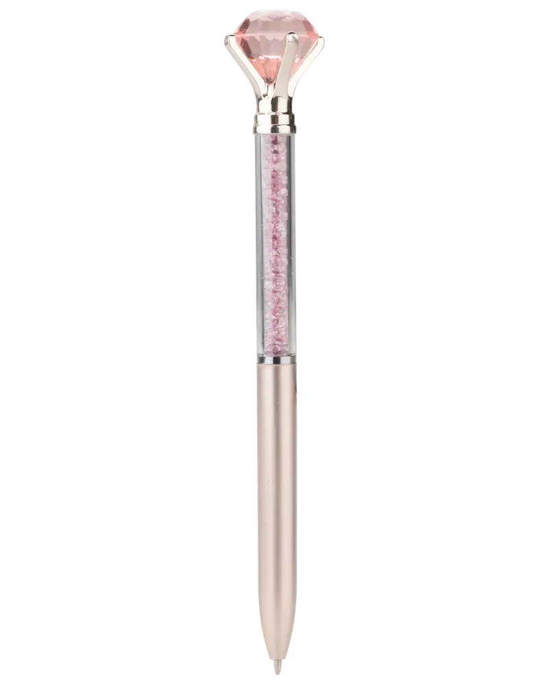 Elegant pen featuring a metallic rose gold lower barrel, a transparent upper barrel filled with small pink crystals, and a large faceted pink gem mounted on top in a silver setting.