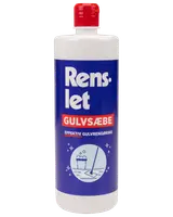 En-liters flaske Renslet gulvsæbe med rød låg, blå etiket og hvid tekst. Til effektiv gulvrengøring. Illustration af moppe og spand på forsiden.