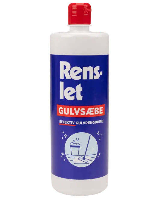 En-liters flaske Renslet gulvsæbe med rød låg, blå etiket og hvid tekst. Til effektiv gulvrengøring. Illustration af moppe og spand på forsiden.