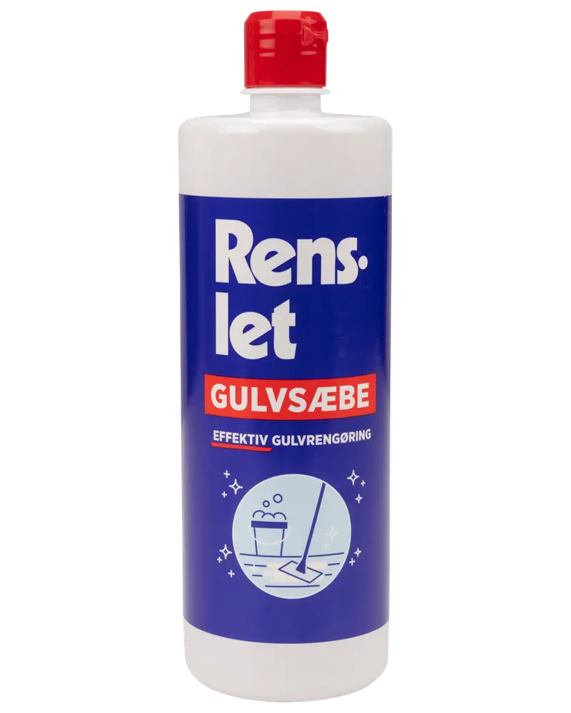 En-liters flaske Renslet gulvsæbe med rød låg, blå etiket og hvid tekst. Til effektiv gulvrengøring. Illustration af moppe og spand på forsiden.