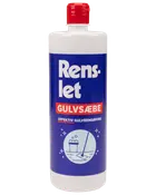 En-liters flaske Renslet gulvsæbe med rød låg, blå etiket og hvid tekst. Til effektiv gulvrengøring. Illustration af moppe og spand på forsiden.