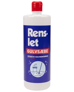En-liters flaske Renslet gulvsæbe med rød låg, blå etiket og hvid tekst. Til effektiv gulvrengøring. Illustration af moppe og spand på forsiden.
