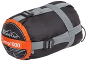 Svart och orange CampOut Camp1000 sovsäck i kompakt, cylindrisk packpåse med justerbara grå kompressionsremmar och spännen, tillverkad av 100% polyester.