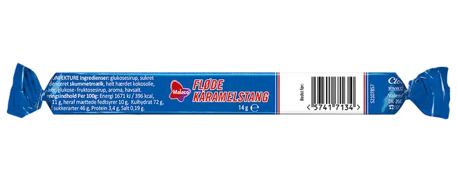 Blå Malaco Fløde Karamelstang-karamelstang, 14 g, med stregkode og hvid etiketpanel.