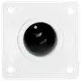 Hvid firkantet plastvægplade med sort cirkulært hul i midten til kabelgennemføring. Fire skruehuller i hjørnerne. Glat og enkel overflade.