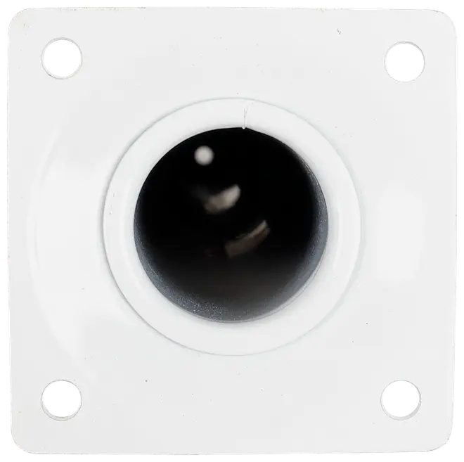 Hvid firkantet plastvægplade med sort cirkulært hul i midten til kabelgennemføring. Fire skruehuller i hjørnerne. Glat og enkel overflade.