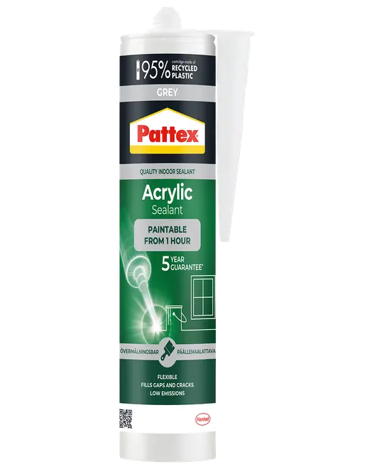 Pattex Akrylforsegler i grå 300 ml patron, til indendørs brug. Kan overmales efter 1 time, fleksibel, fylder huller og revner, lavet af 95% genbrugsplast.