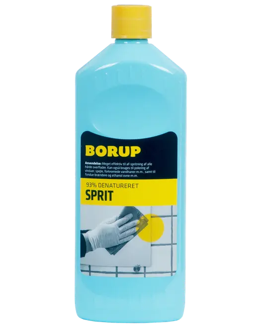 En-liters flaske Borup 93% denatureret sprit med gul låg, blå væske og etiket til rengøring og desinfektion af hårde overflader. Velegnet til husholdning og industri.