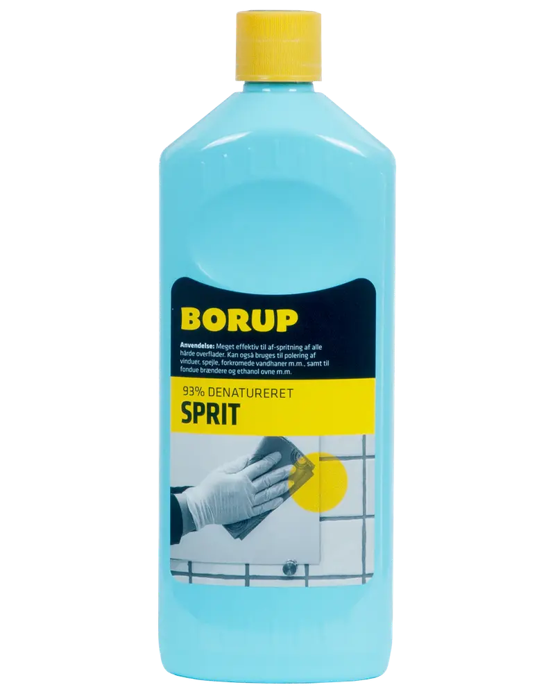 En-liters flaske Borup 93% denatureret sprit med gul låg, blå væske og etiket til rengøring og desinfektion af hårde overflader. Velegnet til husholdning og industri.