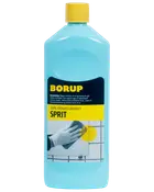 En-liters flaske Borup 93% denatureret sprit med gul låg, blå væske og etiket til rengøring og desinfektion af hårde overflader. Velegnet til husholdning og industri.