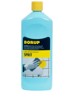 En-liters flaske Borup 93% denatureret sprit med gul låg, blå væske og etiket til rengøring og desinfektion af hårde overflader. Velegnet til husholdning og industri.
