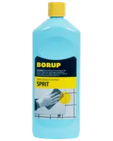 En-liters flaske Borup 93% denatureret sprit med gul låg, blå væske og etiket til rengøring og desinfektion af hårde overflader. Velegnet til husholdning og industri.