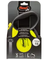 Flexi rulleline til hund, stor størrelse, 5 meter lang, gul og sort håndtag, egnet til hunde op til 50 kg, med bånd.