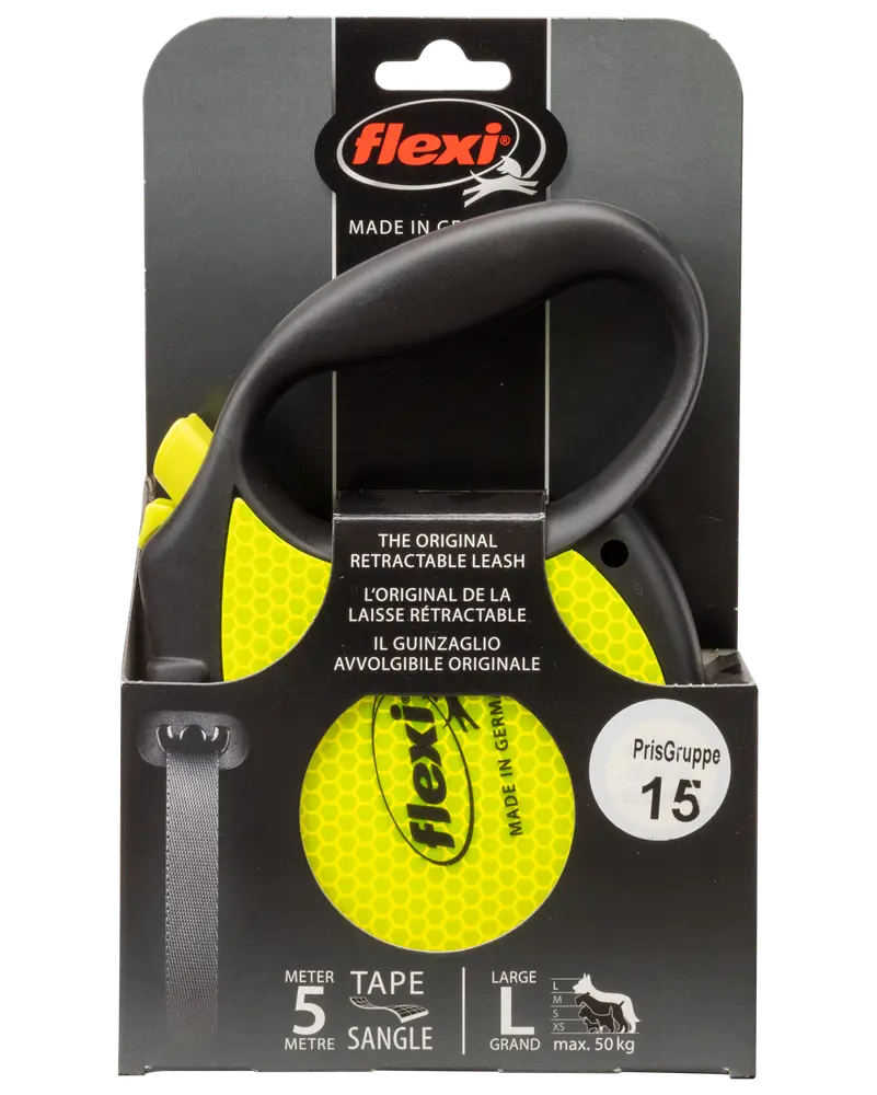 Flexi rulleline til hund, stor størrelse, 5 meter lang, gul og sort håndtag, egnet til hunde op til 50 kg, med bånd.