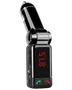 Svart Bluetooth FM-sändare för bil med justerbar arm, röd LED-display, USB-laddning och knappar för att svara och avsluta samtal.