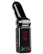 Svart Bluetooth FM-sändare för bil med justerbar arm, röd LED-display, USB-laddning och knappar för att svara och avsluta samtal.