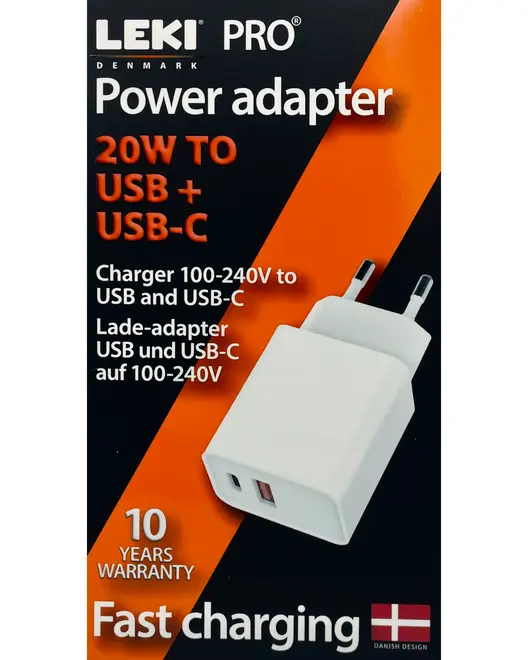 20W strømforsyningsadapter med USB- og USB-C-porte, kompatibel med 100-240V, hurtig opladning, europæisk stik, hvid, 10 års garanti, til forskellige enheder.