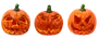 Tre orange Halloween-græskar med udskårne jack-o'-lantern-ansigter og grønne stilke i forskellige udtryk.
