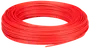 Rulle med rød elektrisk ledning, isoleret og fleksibel, egnet til indendørs eller udendørs installationer, fås i forskellige længder og tykkelser til el-arbejde.